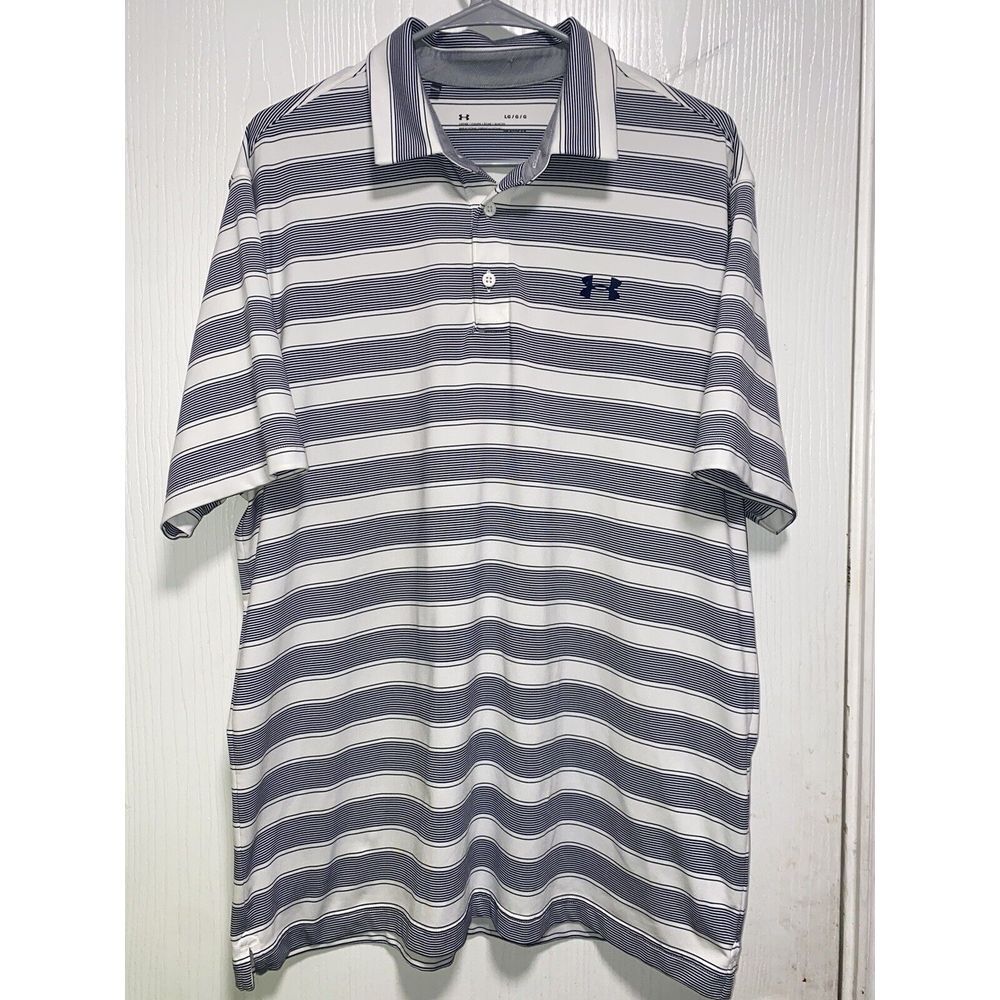 Under Armour HeatGear Golf Polo Shirt Mens Size Large‎ Loose Gray Striped